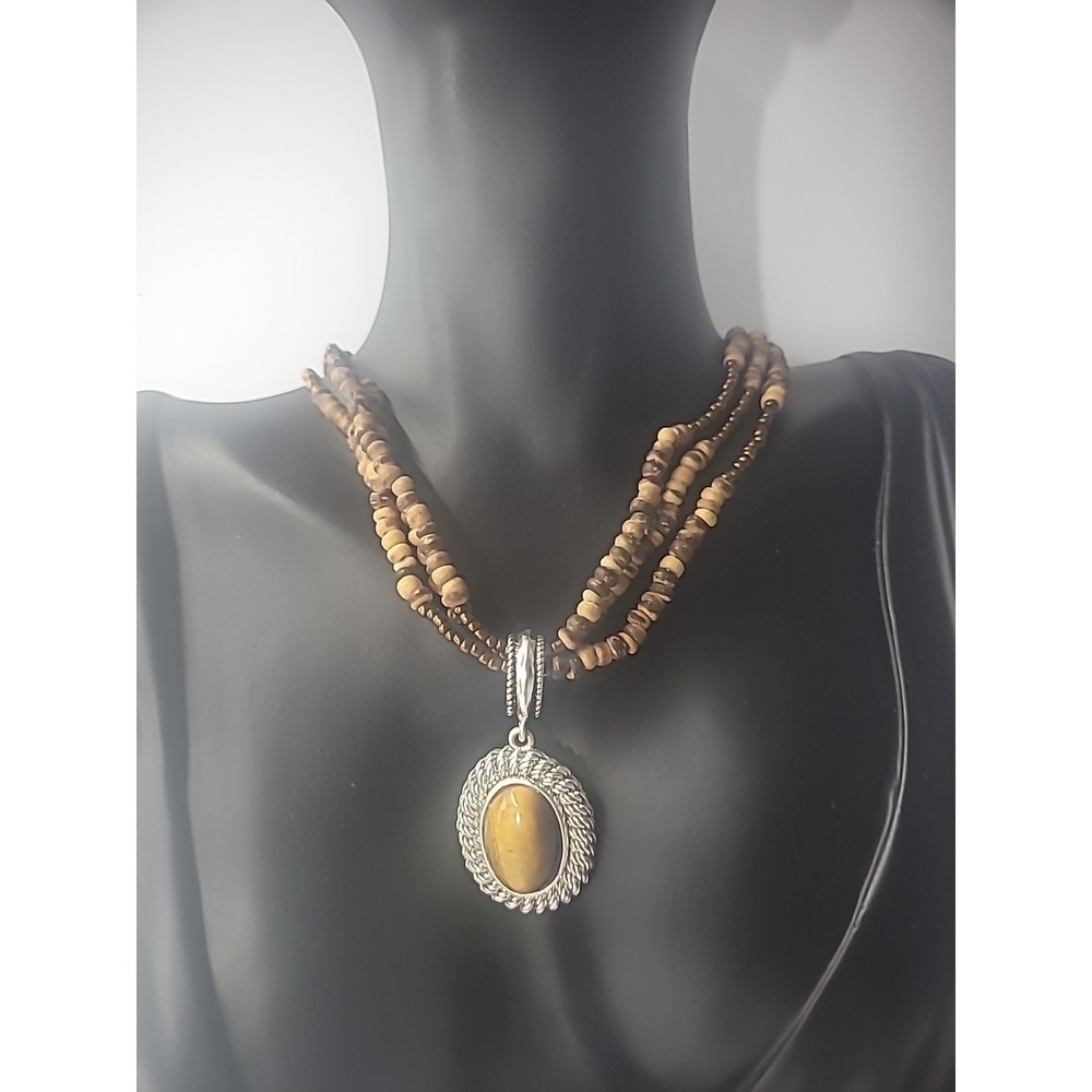 Avon Signed Vintage Multi Strand Wooden Bead Tigers Eye Oval Pendant Necklace